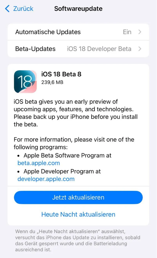 霸州苹果手机维修分享苹果 iOS / iPadOS 18 开发者预览版 Beta 8 发布 